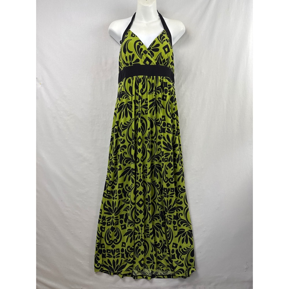 Apt. 9 Maxi Dress Womens M Lime Green Black Damask Floral Halter Empire Waist